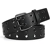 WERFORU Double Grommet Belt PU Leather Punk Belt for Women Men Jeans 2 Hole Belts 1.5 Wide