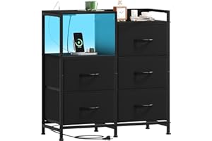 Somdot Black Nightstand with Charging Station and LED Light, Wide 5 Drawers Dresser for Bedroom with Fabric Bins and Open Shelf for Bedroom Kids Closet Dorm Guest Room, Black