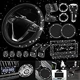 Diamond Leather Steering Wheel Cover for Women, Universal Fit 15 Inch, 2 Glitter Rhinestone License Plate Frames, Crystal Hooks, Bling Car Phone Holder Mount, 15 Premium Car Accessories Set for Women