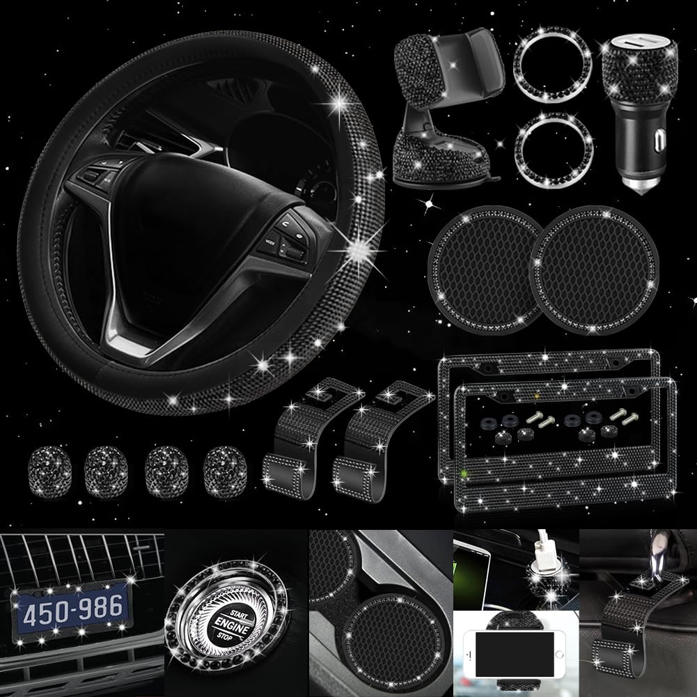 Photo 1 of (PARTIAL SET) Diamond Leather Steering Wheel Cover for Women, Universal Fit 15 Inch, 2 Glitter Rhinestone License Plate Frames, Crystal Hooks, Bling Car Phone Holder Mount, 15 Premium Car Accessories Set for Women