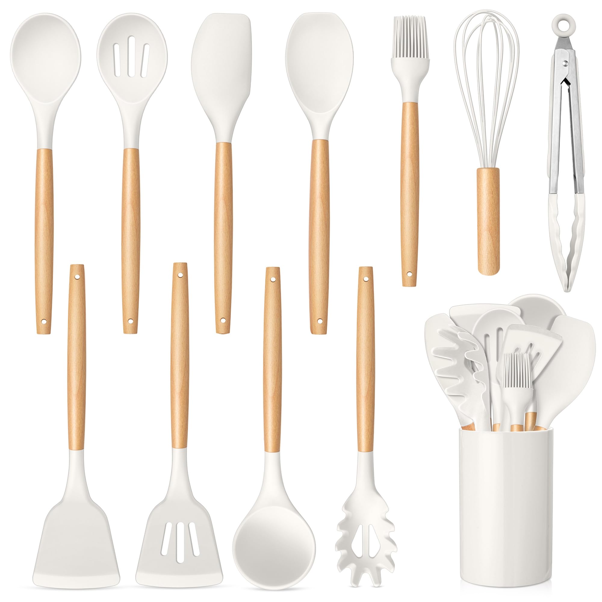 Photo 1 of TeamFar Cooking Utensils Set, 12 Pcs Silicone Kitchen Gadgets Utensil Set for Nonstick Cookware with Wooden Handle, Spatula Spoon Turner, Non-Toxic & Non-Stick, White