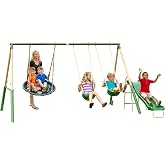 SuperDisc Swing Set - 5 User, Playground Set for Kids with Frame Anchors | Easy Assembly, Backyard Play, 2ea Swings, 5' Slide, Padded Legs for Safety. 148" L x 93" W x 74" H, 500lb Max.