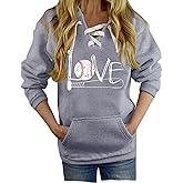 Sunidol Women's V Neck Long Sleeve Baseball Hoodie Sweatshirt Pullover Loose Mom Shirt