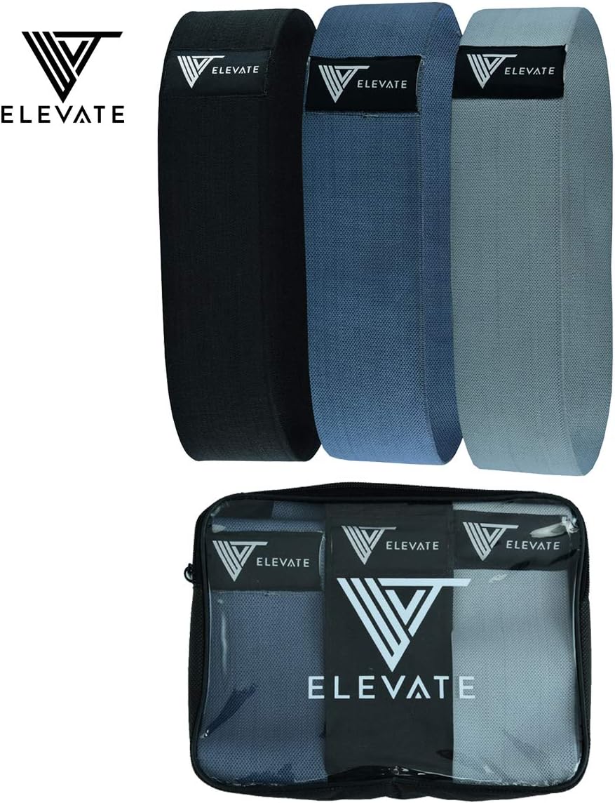 Elevate Hip Bands 3 Band Bundle Light Medium & Heavy strengths for Legs, Butt, Booty or Glute Training Workouts – Premium Quality Fabric Resistance Accessory For Men & Women + Free Handy Carry Bag