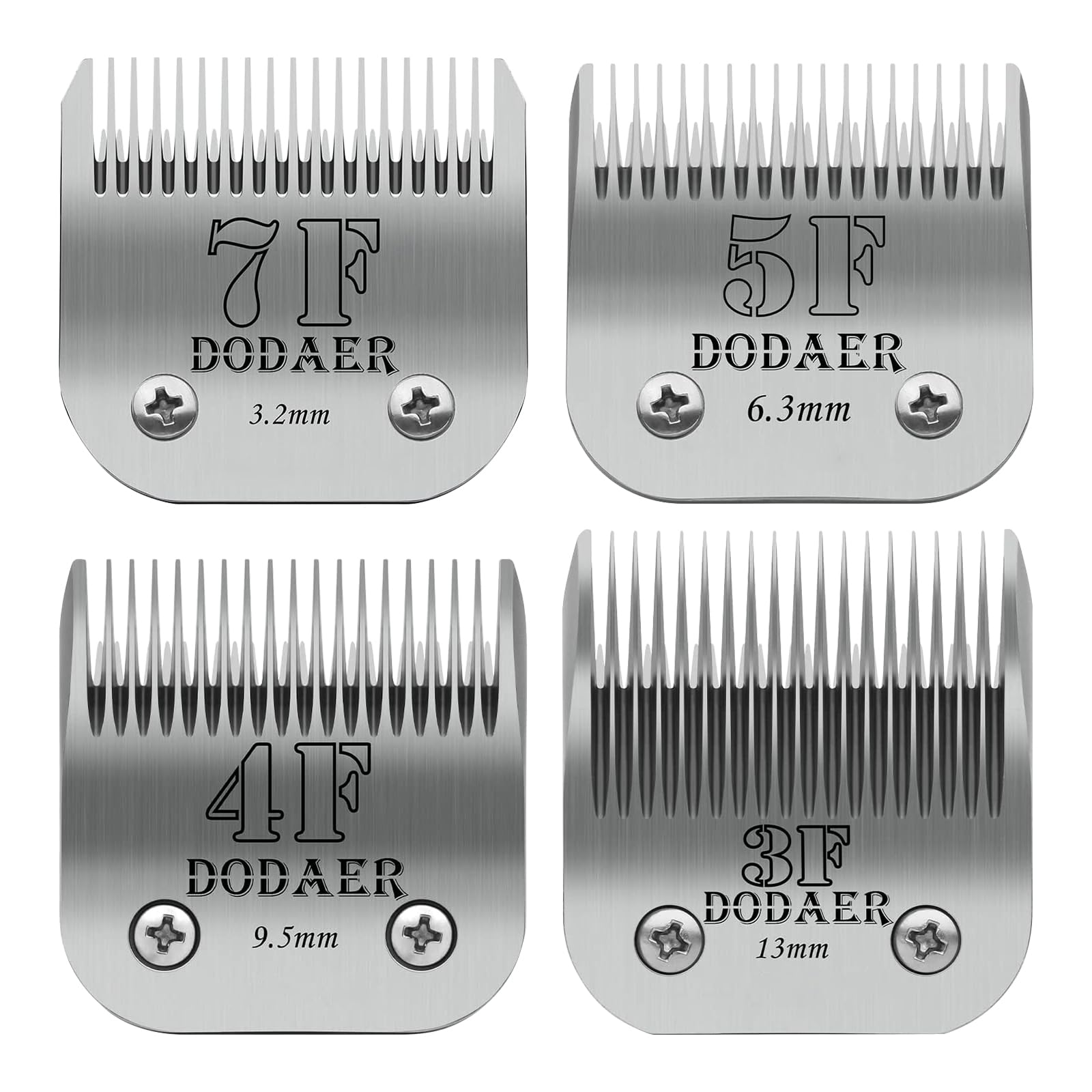 Size 7F/5F/4F/3F Detachable Pet Dog Grooming Clipper Ceramic Blades Set,Compatible with Heiniger,Andis,Oster A5,Wahl-KM10 Series Clippers,Cut Length 1/8"(3.2mm) to 1/2"(13mm),4 Pack