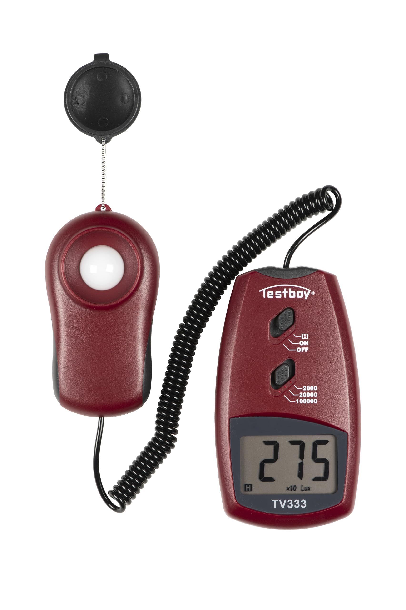Testboy TV 333 Digital Luxmeter Up to 100,000 LUX (Measurement of the Illuminance of a Light Source, Freely Movable Sensor with Spiral Cable, Sensor Protection Cover, Silicon Photodiode), Red/Black