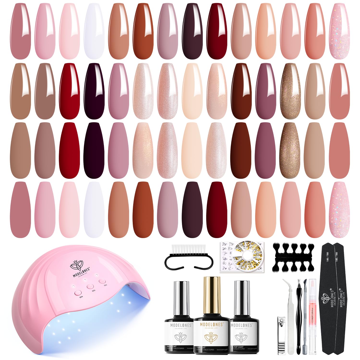 Modelones Gel Nail Kit, 28 Colors Nude Brown Pink Red Soak Off Gel Nail Polish Set with Lamp Starter Kit No Wipe Base & Top Coat Diy Nail Curing Gift For Women