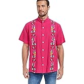 YZXDORWJ Men's Mexican Cuban Shirt Embroidered Traditional Button Down Shirt Summer Band Collar Short Sleeve Tops
