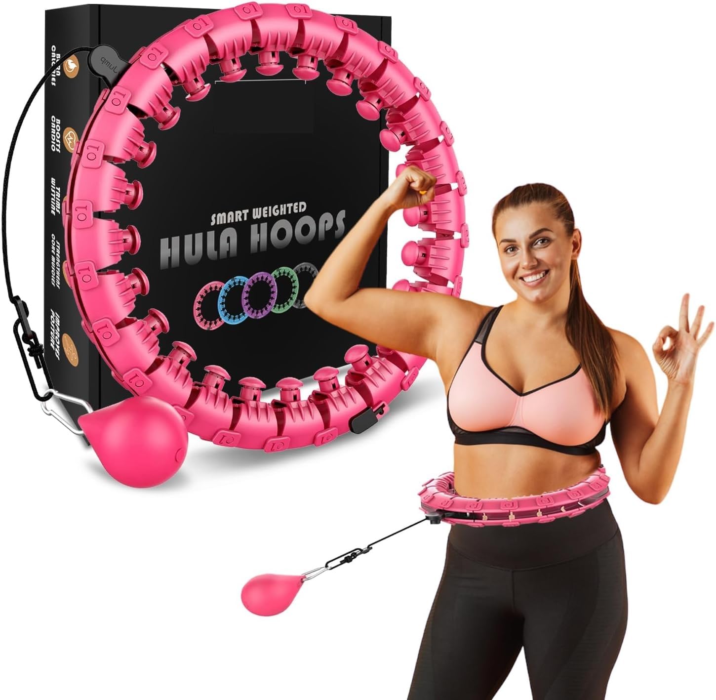 KA-MART Smart Weighted Hula Hoop for Adults, 24 Detachable Links, 360° Auto-Spinning Ball, Adjustable Waist Trainer, Fat Burning, Core Workout, Home Gym, Portable Exercise Equipment