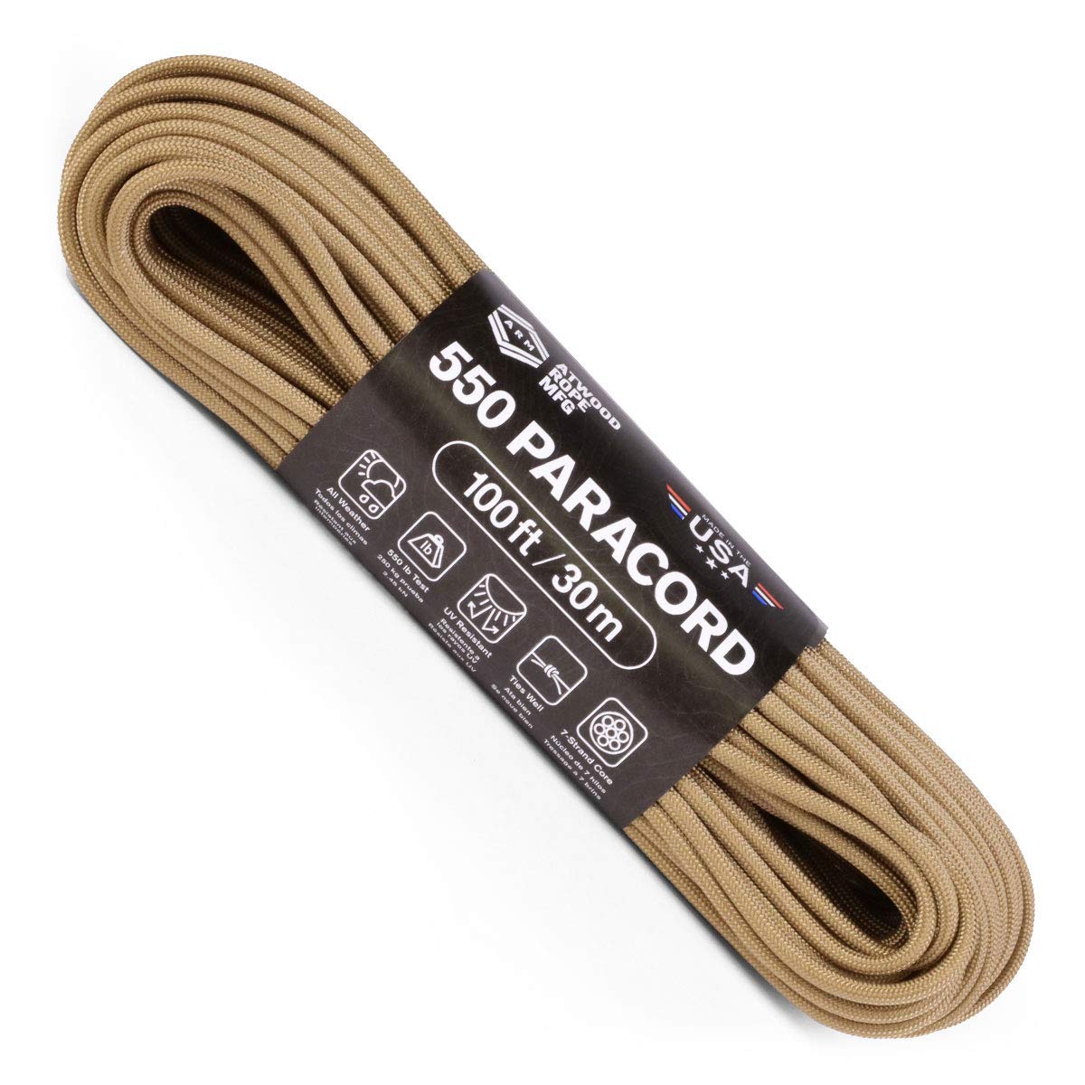 Atwood Rope MFG 550 Paracord 100 Feet 7-Strand Core Nylon Parachute Cord Outside Survival Gear Made in USA | Lanyards, Bracelets, Handle Wraps, Keychain (Tan)
