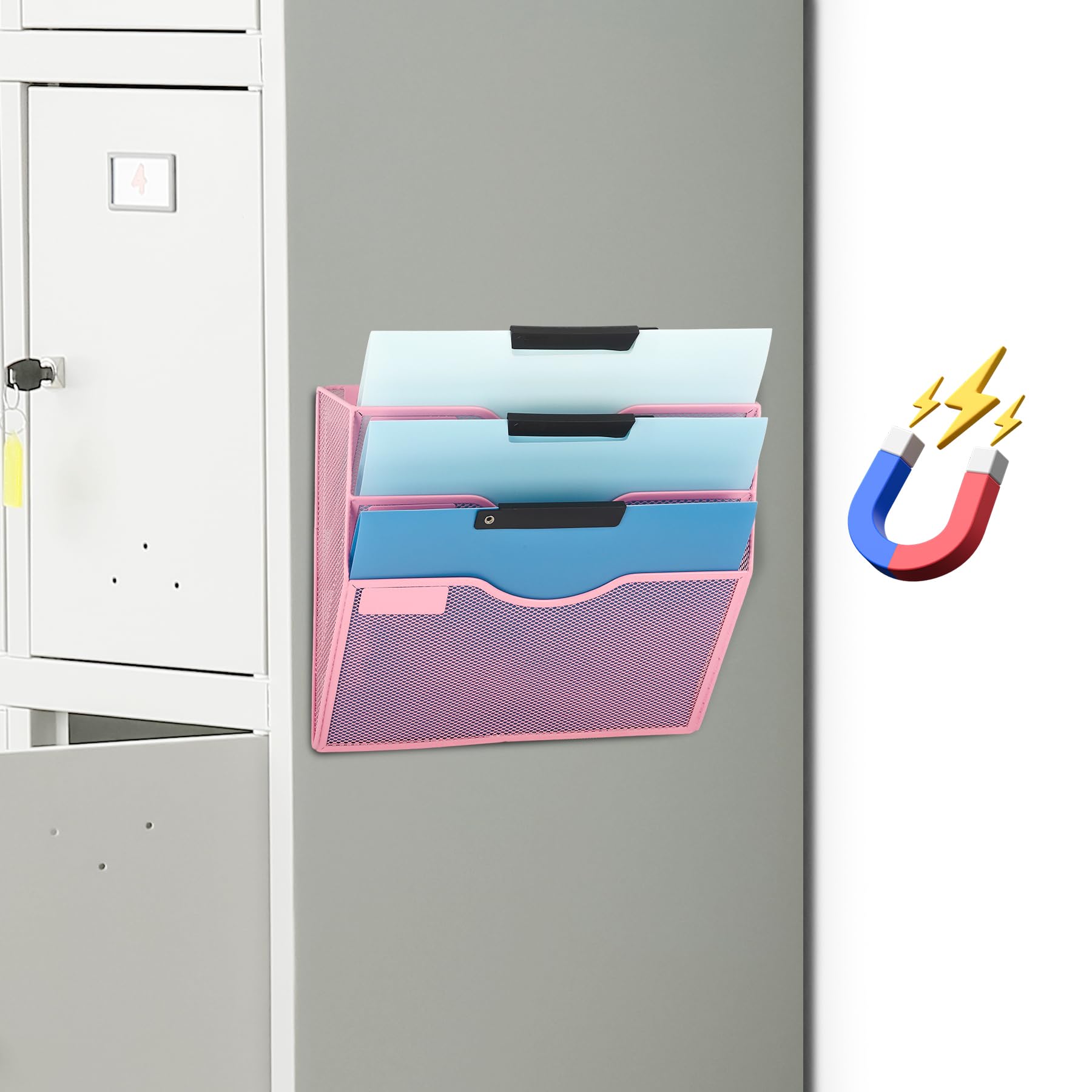 EASEPRES Magnetic 3 Pocket Mesh Hanging Wall File Organizer, Wall Mounted Mail Paper Document Folder Holder, Clipboard Storage Magazine Rack with Nametag Label for Office Home School, Pink Image