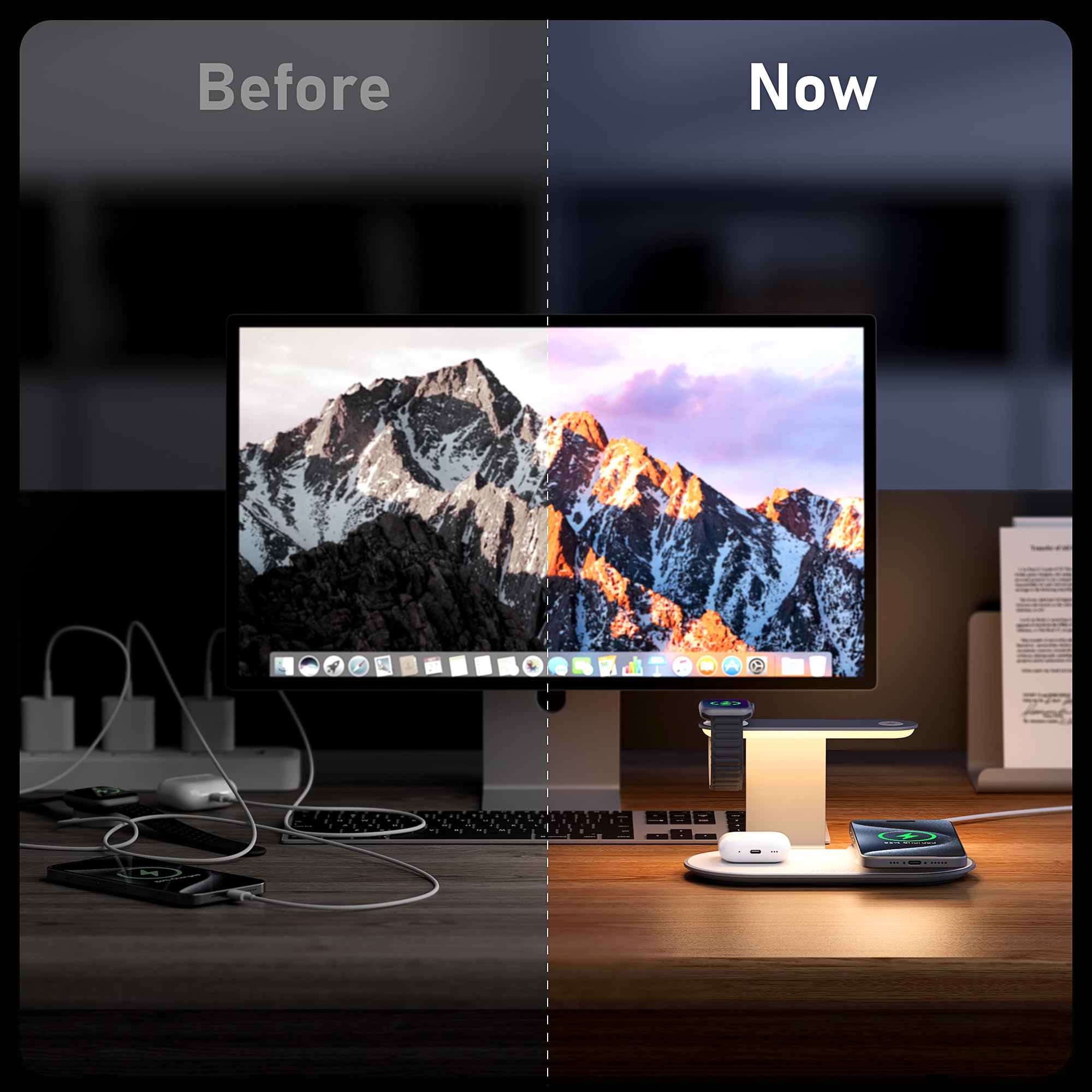 GUSGU 3 in 1 Charging Station for MagSafe Wireless Charger with Three-Level Night Light, 15W Max Fast Charging for iPhone 16/15/14/13/12, iWatch S1-8/Ultra, AirPods(USB-C Charger Included)-Gray