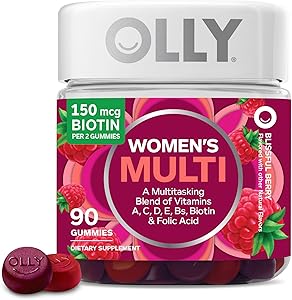 OLLY Women's Multivitamin Gummy, Vitamins A, D, C, E, Biotin, Folic Acid, Adult Chewable Vitamin, Berry Flavor, 45 Day Supply