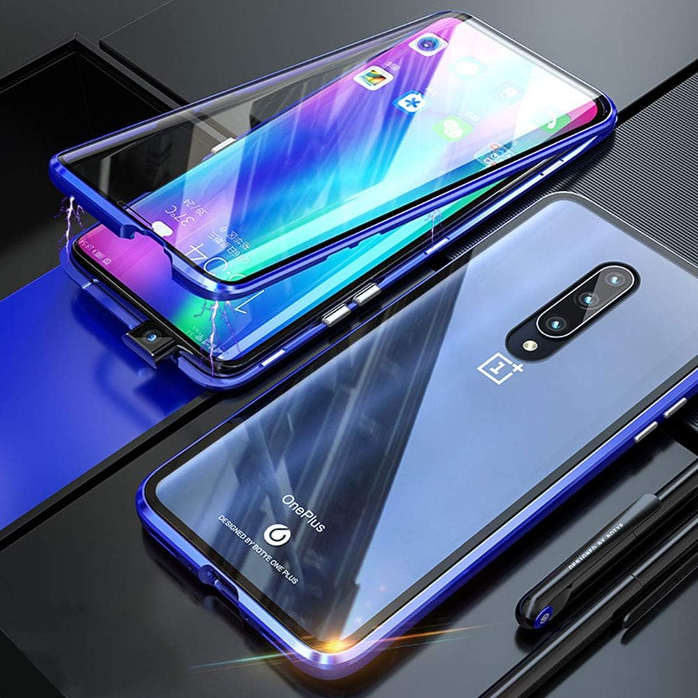 Wishcover Compatible for OnePlus 7 Pro Case Magnetic Adsorption Ultra Thin 360 Degrees Fully Screen Protective Case Metal Aluminum Frame Transparent Front and Back Tempered Glass Cover