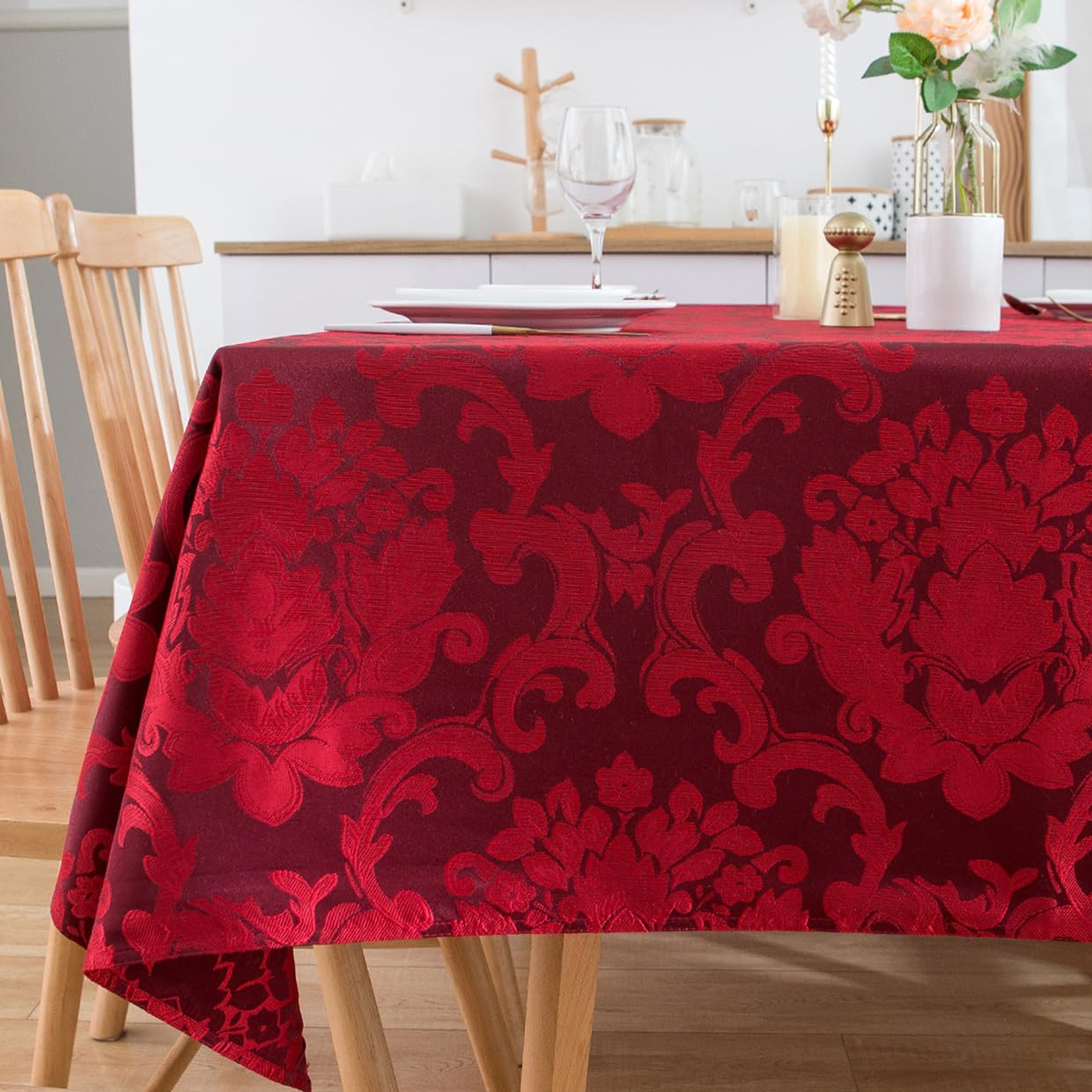 SPRICA Jacquard Tablecloth Rectangle 178x132cm Classic Flower Pattern Thick Heavy Weight Soft Table Cover, Machine Washable, Burgundy