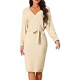 Seta T Women's V Neck Sweater Dress Batwing Sleeve Wrap Backless Knit Fall Midi Dress with Belted