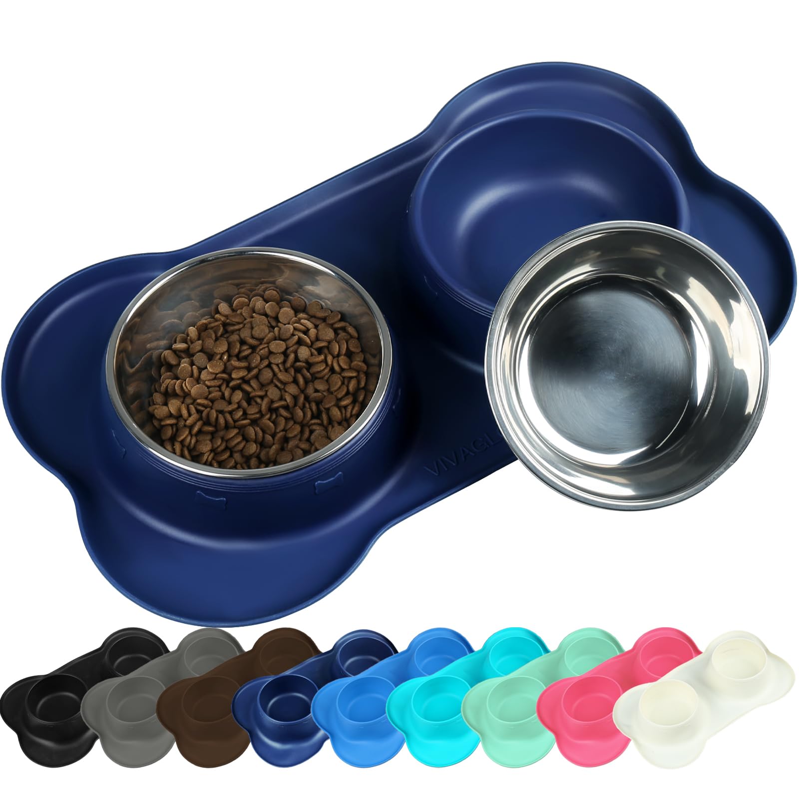 VIVAGLORY Dog Bowl Splashfree Pet Bowl, Dog Dish with Silicone Mat Placemat for Messy Eater, Double Stainless Steel Food Water Feeding Set Dishwasher Safe Spill Proof for Pet, L, Navy Blue