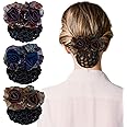 3Pcs Flower Hair Bun Holder Covers Hair Net Snood Pocket Hair Clip with Barrette Ribbon Mesh Hairnet Hair Accessories for Women (Purple+Brown+Blue)