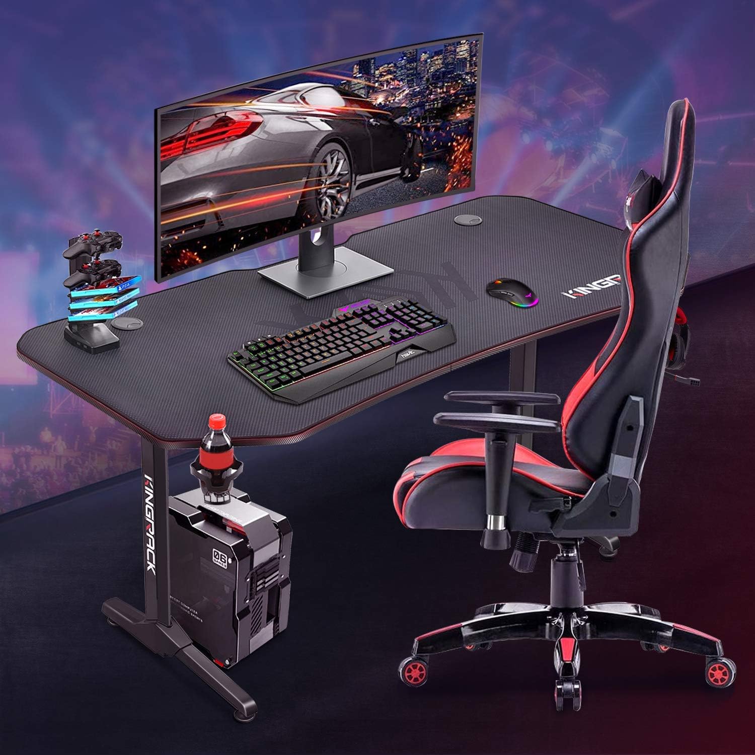 Ergonomic Game Desk, T-Shaped PC Gamer Tables Worksatation for Home Office with Carbon Fiber Surface, Full Mouse Pad, Cup Holder, Headphone Hook, 2 Cable Management Holes, 62" W x 29" D, Black: Kitchen & Dining