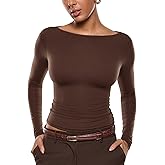 INLYRIC Women's Inbarely Ultra Long Sleeve Shirts Boat Neck Double Lined Going Out Tops Tight Fit Basic Tees