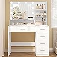 FIONESO Makeup Vanity Desk with Mirror, 10 Lights, 5 Drawers, 3 Storage Shelves, 3 Color Modes & Adjustable Brightness Dressing Table, 35.4” Desk, White