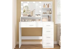 FGNTWP FIONESO Makeup Vanity Desk with Mirror, 10 Lights, 5 Drawers, 3 Storage Shelves, 3 Color Modes & Adjustable Brightness Dressing Table, 35.4” Desk, White