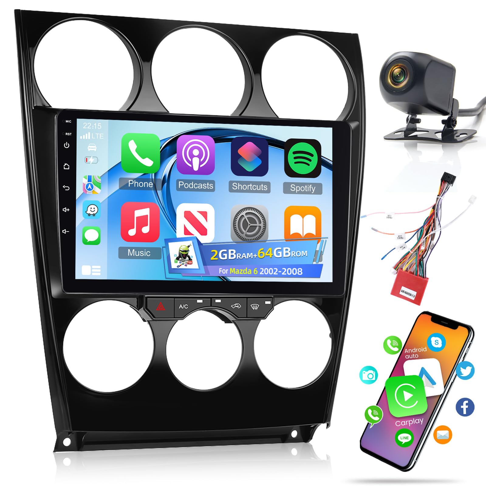 View 1 of [2+64] Volxcereo Car Radio for Mazda 6 2002 2003 2004 2005 2006 2007 2008, 9 inch Android Touchscreen Stereo with Carplay/Android Auto, GPS, WiFi, Bluetooth, SWC, FM/RDS, Backup Camera