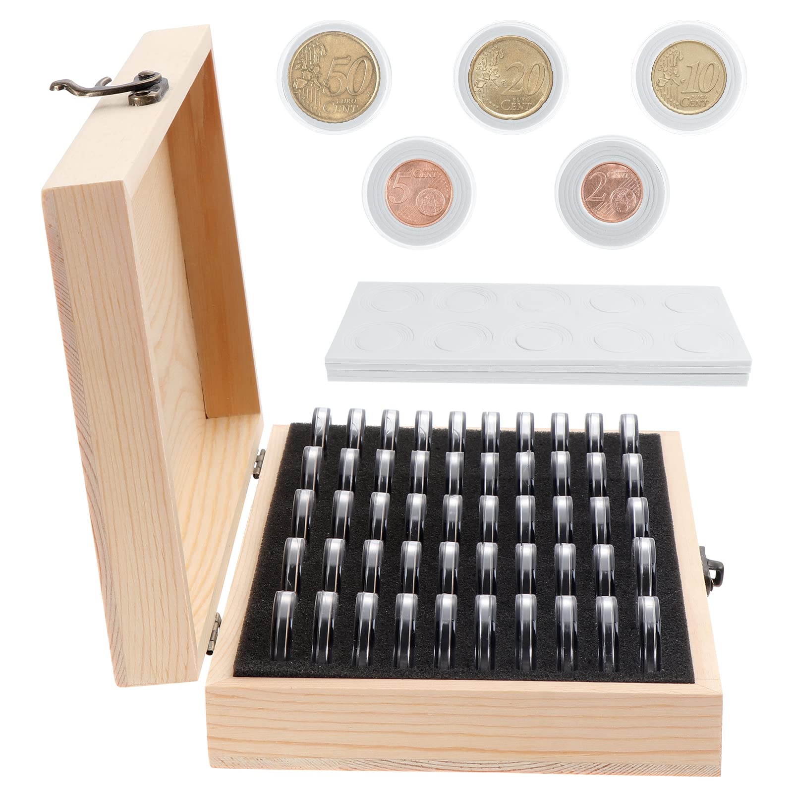 Fippy 50PCS Coin Collection Box, Wooden Coin Collecting Storage Box Coin Cases for Collectors, Fit Coins 18mm 21mm 25mm 27mm 30mm