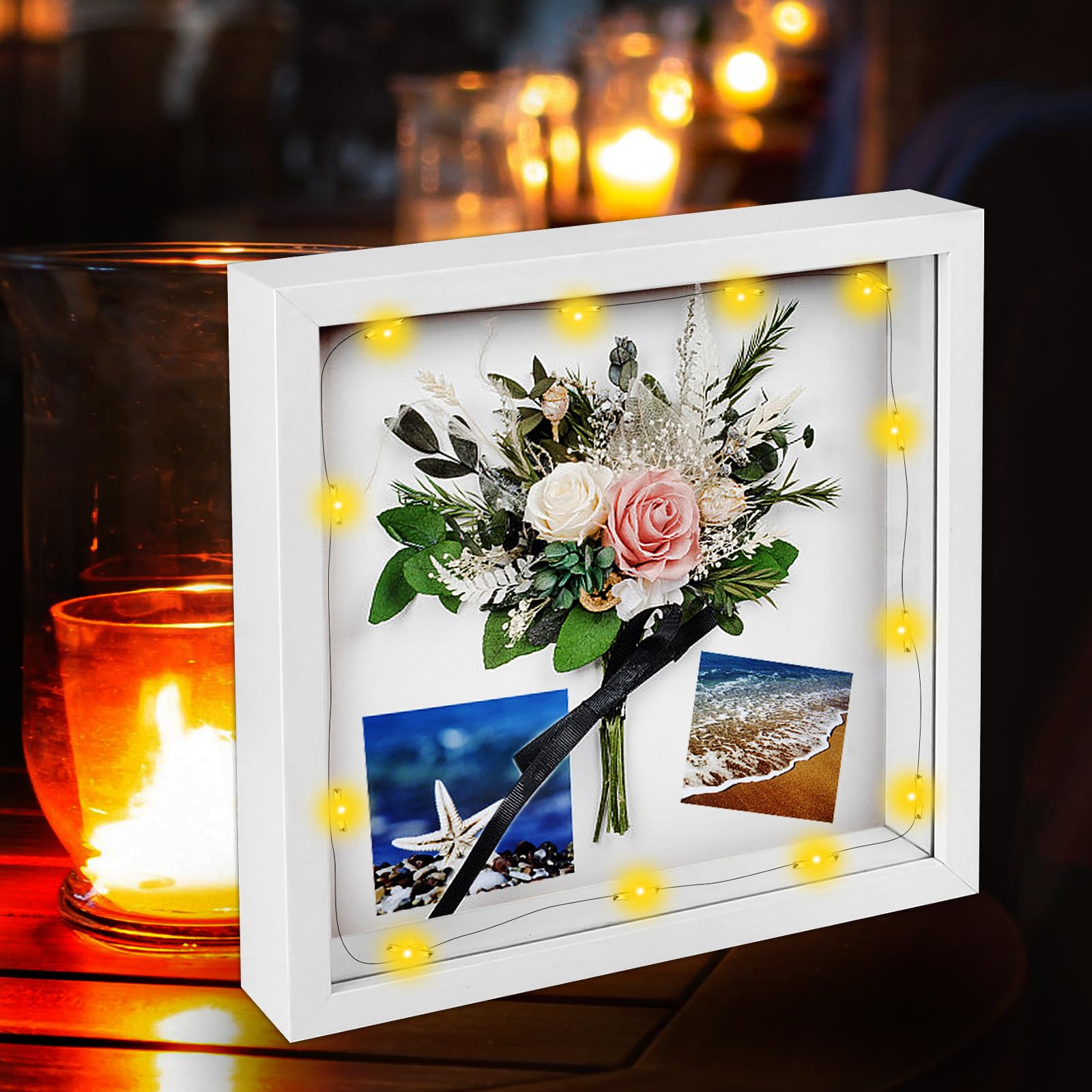 3D Shadow Box Frame , 20 x20 White Picture Frame Wooden Deep Box Display Personalised Photo Frames with String Lights, Display Shadow Box for Christmas Decorations, Crafts, Anniversary, Wedding