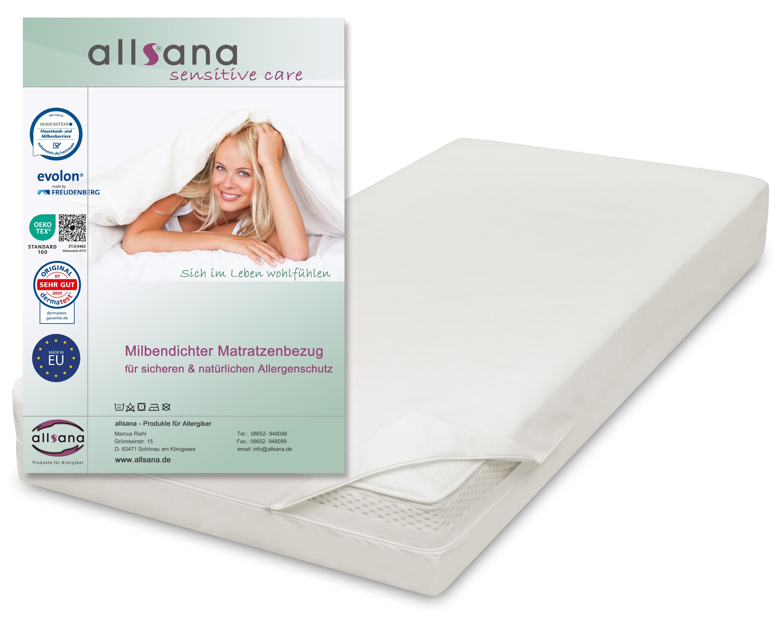 Allsana Allergy Sufferers Mattress Cover 90 x 200 x 20 cm | Allergy Bed Linen | Anti Mite Encasing | Mite Protection for House Dust Allergy Sufferers | Intermediate Cover for Mattress | Hohenstein
