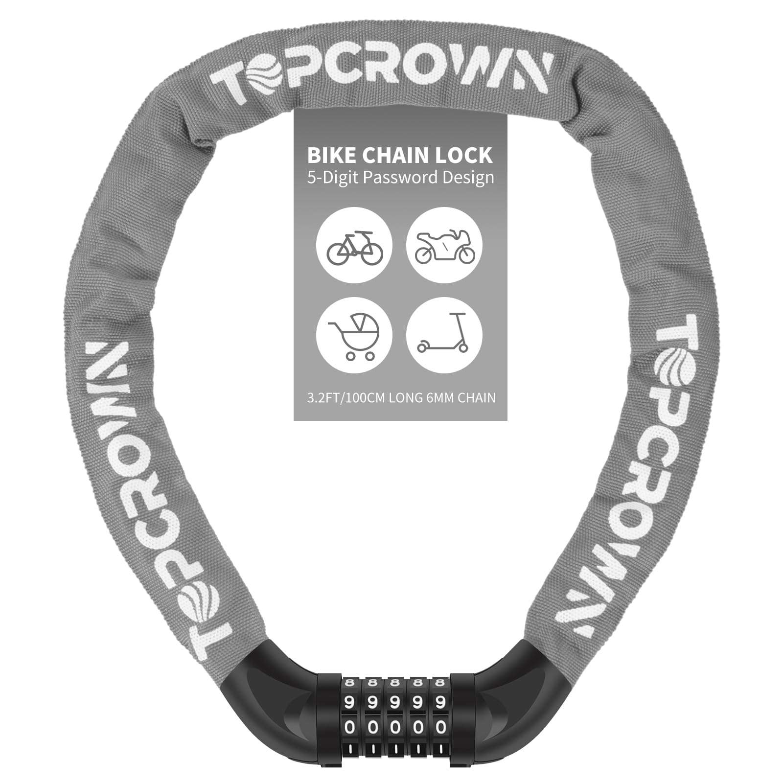 Bike Lock 3 ft Long High Security Heavy Duty Anti Theft Bike Chain Lock, 5 Digit Combination Resettable Keyless Bicycle Lock for Bike/Electric Scooter/Ebike/Motorcycle