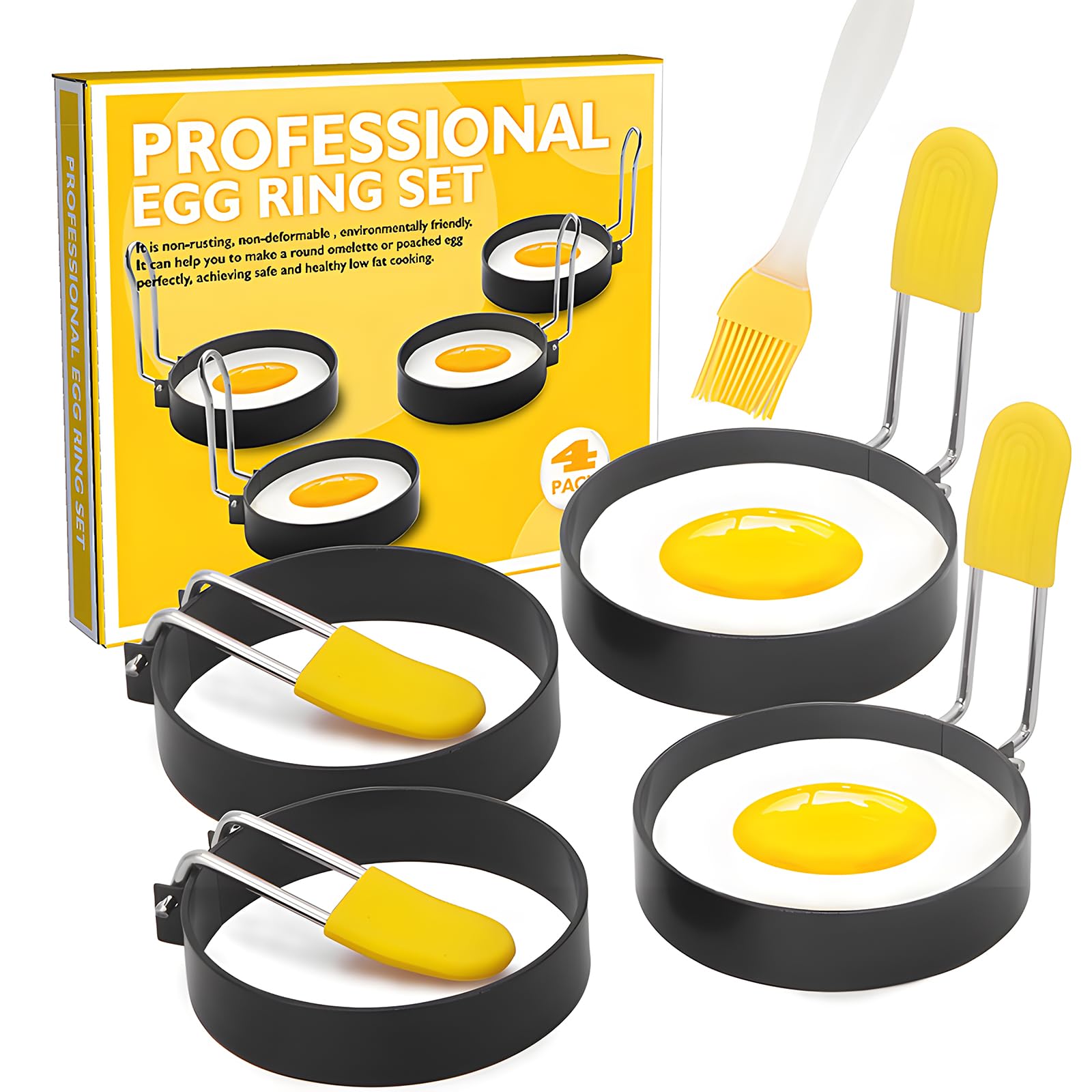 4Pack Egg Rings for Frying, Stainless Steel Egg Rings for Frying Round Egg Mould Fried Egg Ring with Oil Brush, Egg Circles Egg Shaper for Frying Pan, Pancakes, McMuffin, Omelettes Mini Burger