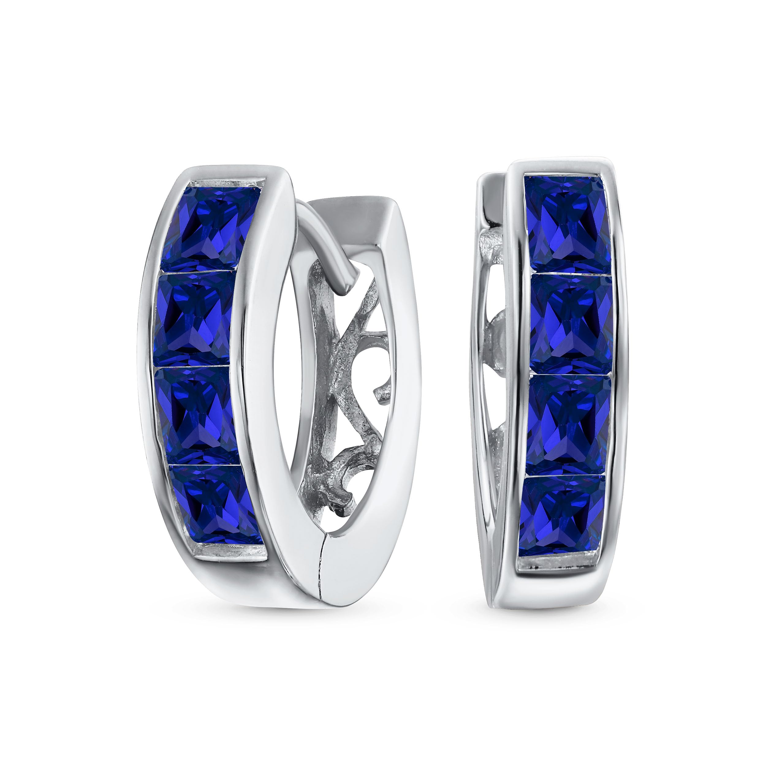 Tiny Small Square Princess Cut Simulated Blue Sapphire CZ Channel Set K-pop Huggie Hoop Earrings For Women Men Cubic Zirconia .925 Sterling Silver