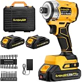 SundpeyPRO 2832 In-lbs Brushless 21V 1/4" Cordless Power Impact Driver Set | With 2 x 2.0Ah Batteries &amp; Fast Charger, 10 x screwdriver bits, 14 x Sockets Set, Ring LED, 4 Speed, 3 Scene, Reverse Reduce