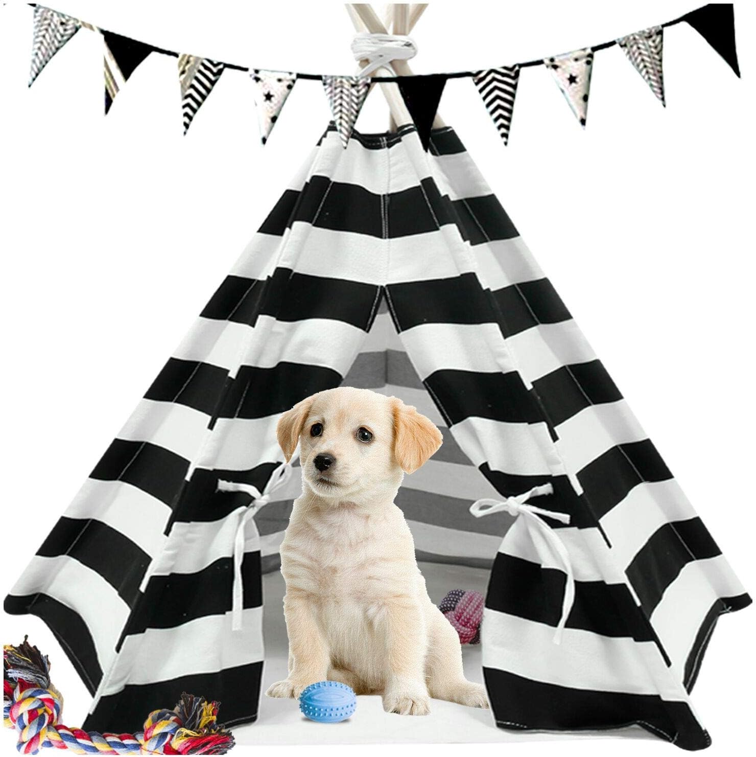Ukadou Dog Teepee Tent for Dogs, Cat Teepee, Cotton Canvas Fabric Pet Teepee Houses with Mat, Hard Wooden Poles, Black & White Stripe Design(28in, Suitable for Pets Under 15 Pounds)