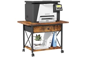 EasyCom 23.6" x 15.7" Under Desk Printer Stand with Storage Drawer, 2-Tier Shelf Desktop Printer Table for Desk with Wheels, Large Rolling Cart for Home Office Fits 3D Printer Scanner Rustic Brown