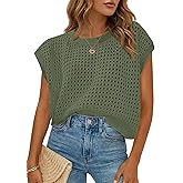 Saodimallsu Womens Crochet Sweaters Summer Cap Sleeve Knit Tops Lightweight Crewneck Beach Vacation Clothes