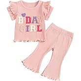 Kayotuas Toddler Baby Girl Birthday Outfit Ruffle Ribbed Knit Short Sleeve T-Shirts Tops Flare Pants Cute 2 Piece Clothes Set