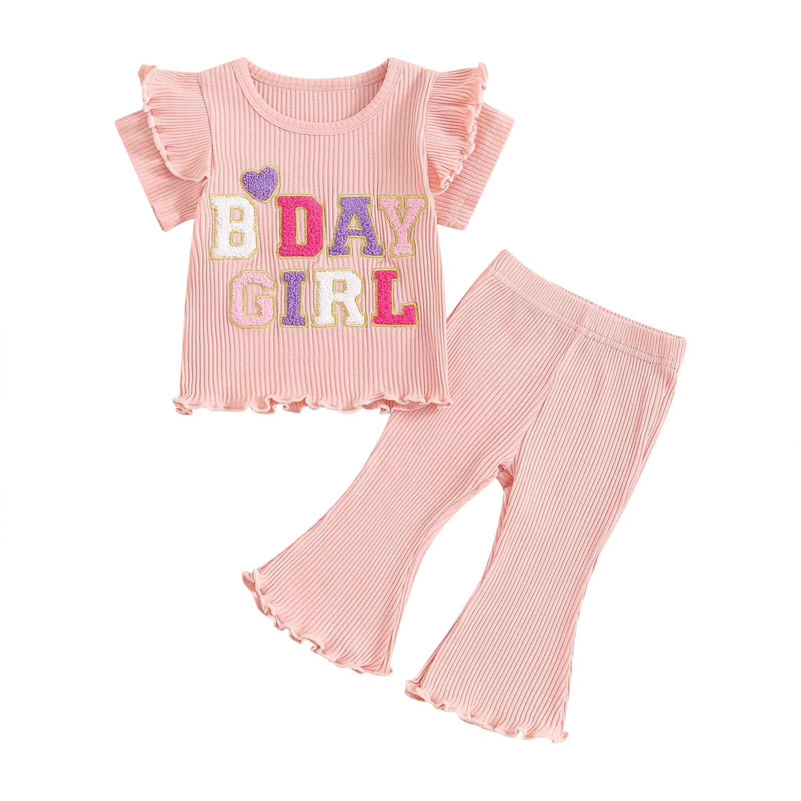 Photo 1 of Babieshouse Toddler Baby Girl Birthday Outfit Ruffle Ribbed Short Sleeve T-Shirt Tops Flare Pants Bell Bottoms Clothes Set (Pink, 2-3T)