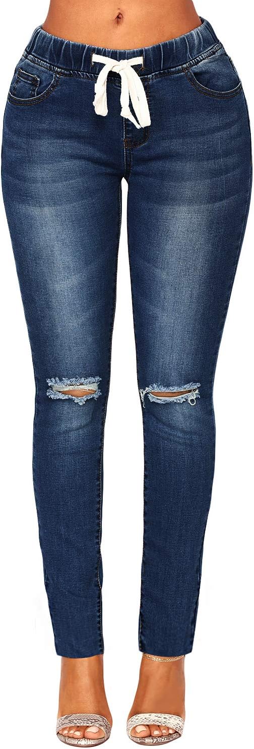 Women's Denim Skinny Ripped Jeans Elastic Waist Jeggings Trousers