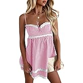 Wenrine Womens Summer Mini Dress Spaghetti Strap Sweetheart Y2K Plaid Lace Trim Tiered Beach Sundress Dresses