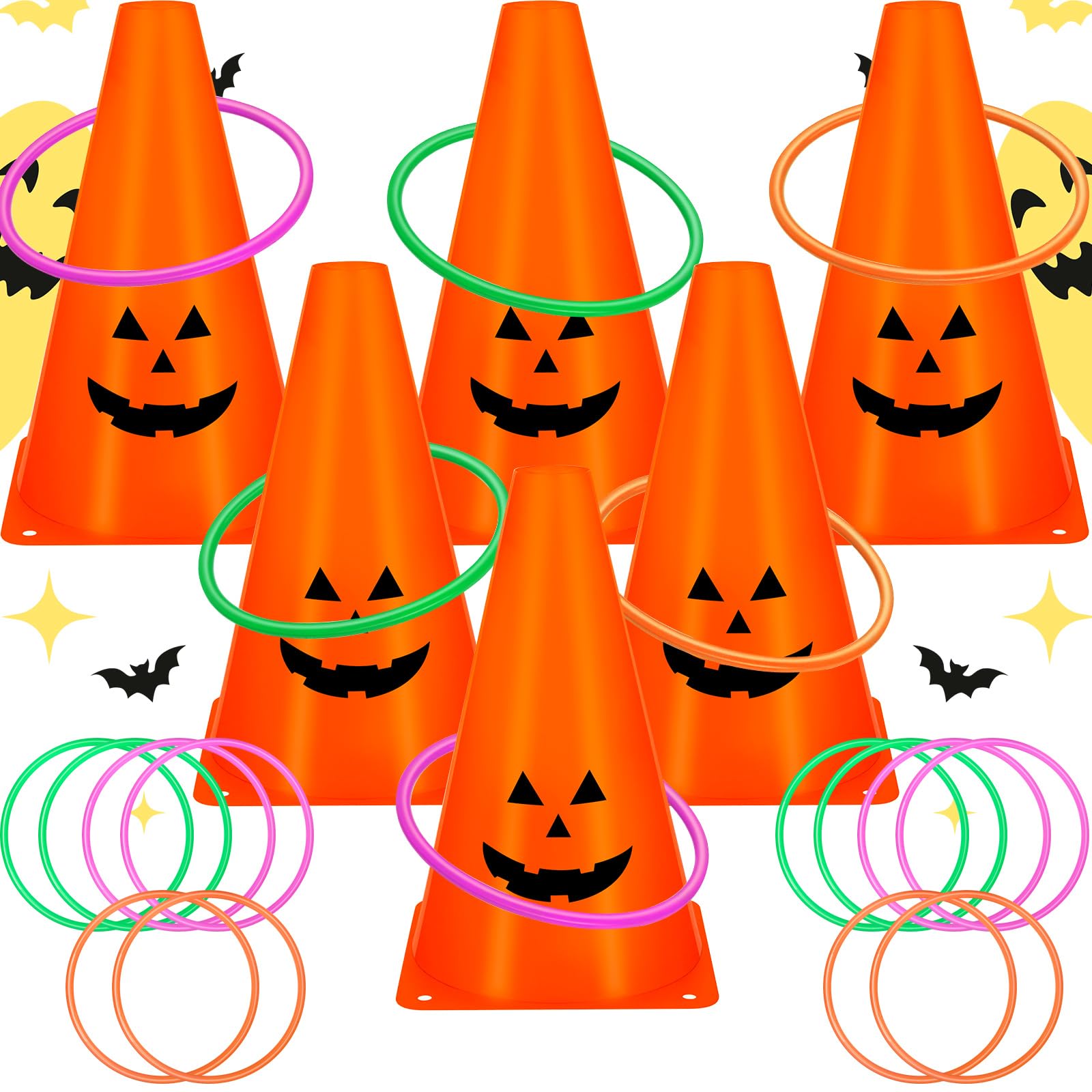 Photo 1 of 24 Pcs Halloween Ring Toss Game Outdoor Carnival Party Games Include 6 Plastic Cones 18 Toss Rings for Halloween Party Games Indoor Outdoor Yard Activities (Orange?