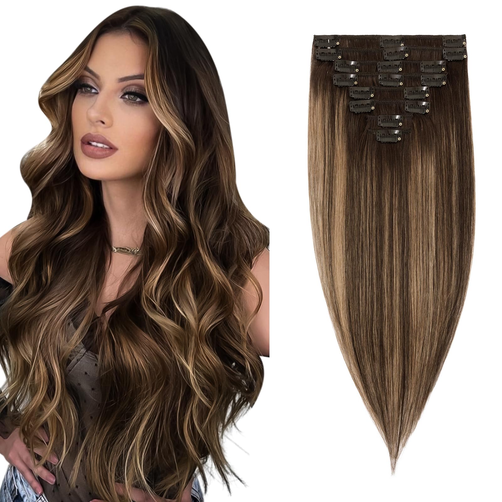 Elailite Hair Extensions Clip in Real Hair Remy Human Hair - 8 Pcs Invisible Thin Weft - Balayage Ombre #2/2P6 Dark Brown/Dark Brown Mix Light Brown - 14 Inch — image 1