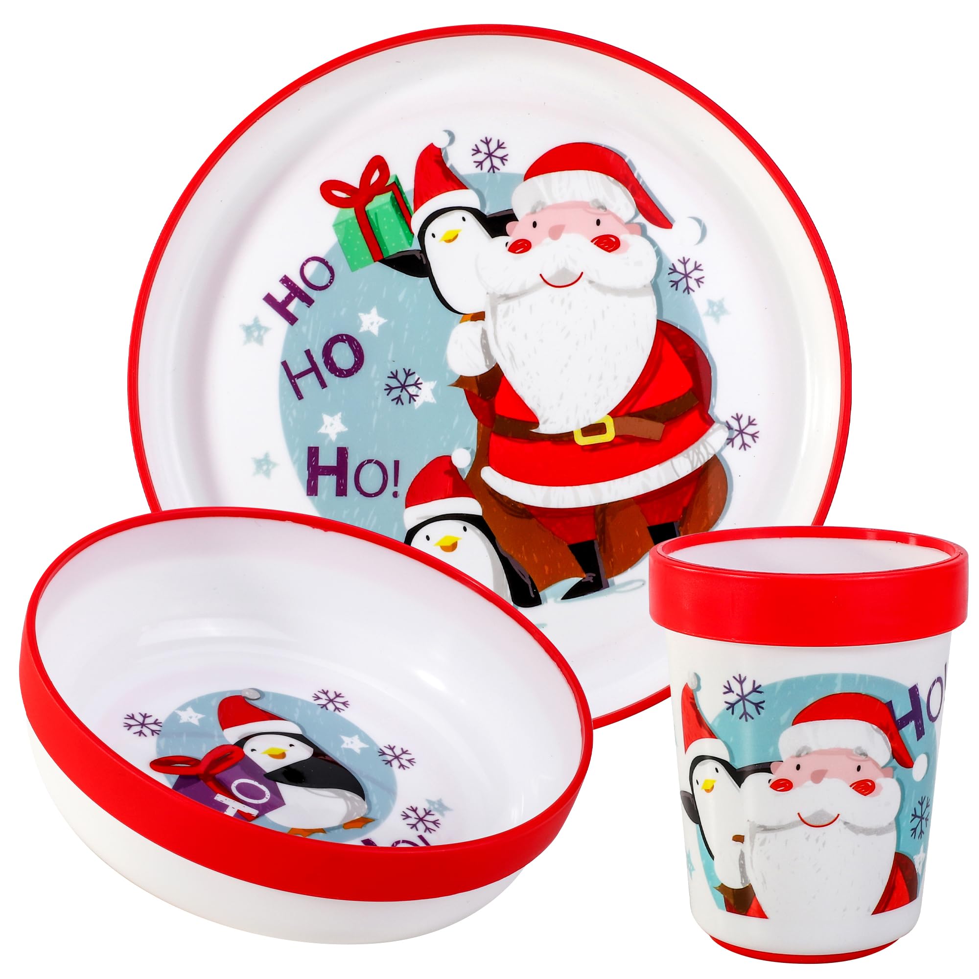 Christmas Xmas 3pcs Reusable Bicolor Premium Kids Dinner Tableware Set Plate, Bowl & Tumbler, BPA Free