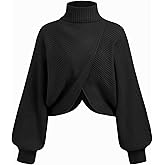 CIDER Cropped Sweaters for Women Turtleneck Sweater Long Sleeve Ribbed Knit Lantern Sleeve Pullover Fall Outfits