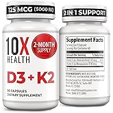 10X Health Vitamin D3 5000 IU & K2 MK7 - Menaquinone 7, High-Potency D3 K2 Vitamin Supplement for Bone Health, Heart and Teeth - 125 mcg Vitamin D & 90 mcg Vitamin K2-60 Capsules