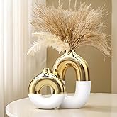 White and Gold Ceramic Vase Home Decor,Mid Century Modern Centerpiece Table Decorations,Oval and Round Flower vases with Hole for Pampas Grass,Bookshelf,Fireplace Mantle,Farmhouse,Rustic Décor