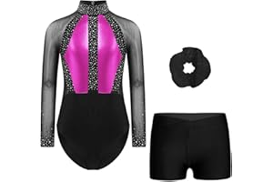 Linjinx Girls Kids Long Sleeve Gymnastics Leotards Unitards with Shiny Dance Shorts Outfit Tumbling