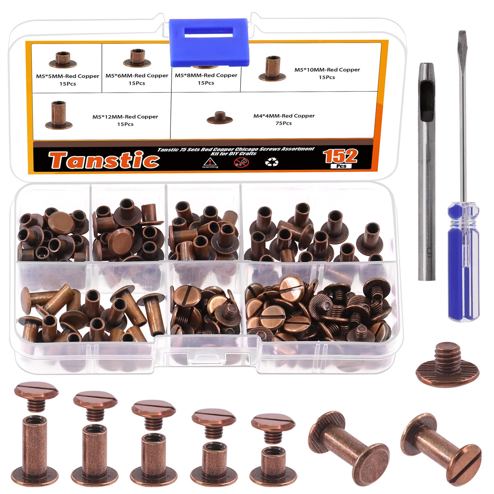 Tanstic 152Pcs(75 Sets) Chicago Screws Assorted Kit, M5 x 5/6/8/10/12mm Flat Head Leather Rivets Chicago Screws Binding Screw Posts Nail Rivet with Install Tool for Leather Crafts (Red Copper)