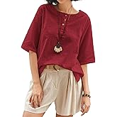 Cnlinkco Linen Tops for Women 3/4 Sleeve Crew Neck Cotton Shirts Casual Jacquard Boho Blouse